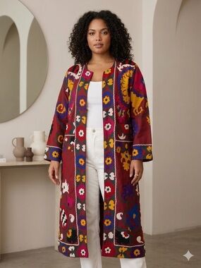 Vintage 70s Afghan Hand Embroidered Duster Coat Boho Folk Art Festival